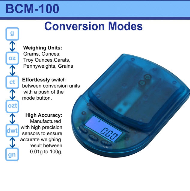 AWS BCM-100 CLEAR BLUE DIGITAL POCKET SCALE 100 X 0.01G